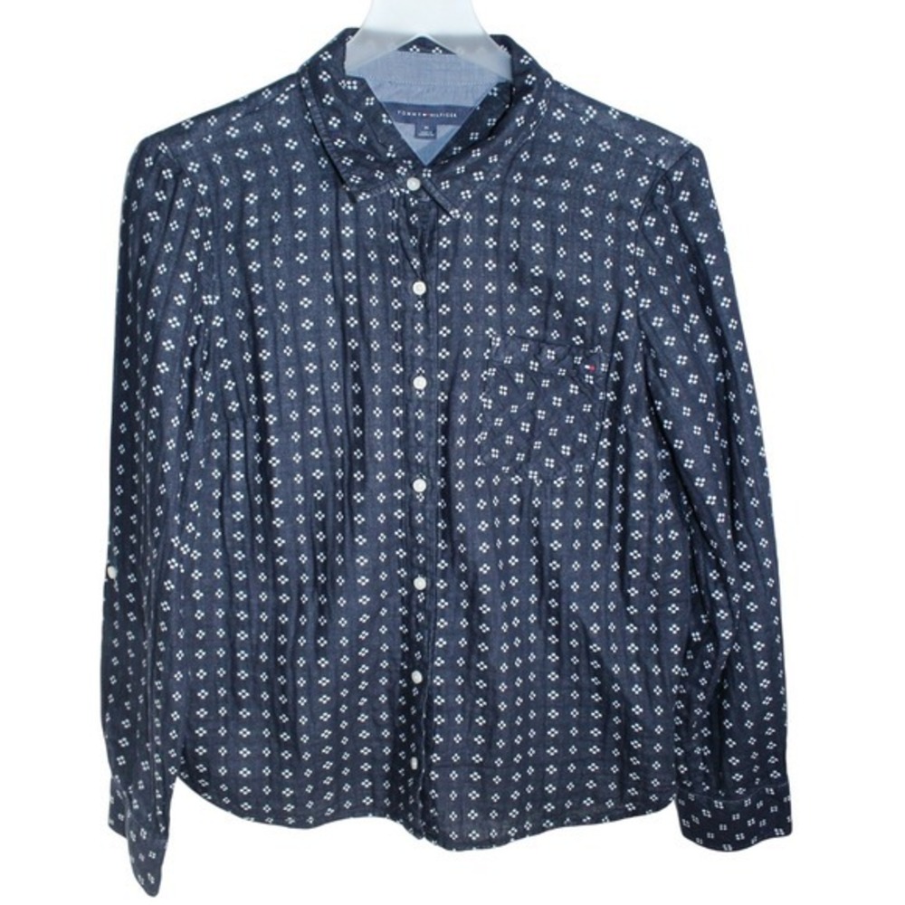 Tommy Hilfiger Womens‎ Indigo Blue White Print Button Down Shirt Roll Tab M